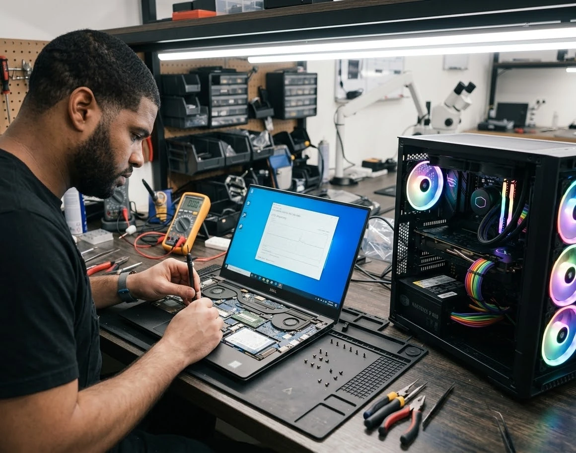 Bancada de assistência técnica especializada em conserto e manutenção de computadores, notebooks e PC Gamer em Belford Roxo - Os Brabos da Informática